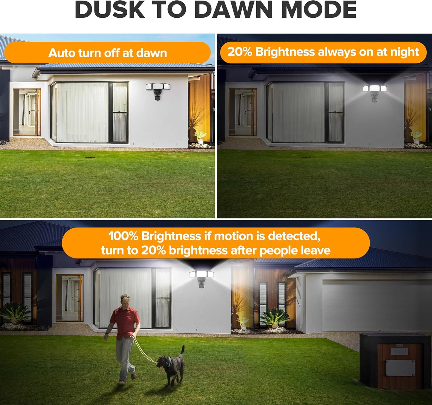 UME 49W LED Security Lights Motion Sensor Light Outdoor, 5000K Daylight, IP65 Waterproof, Dusk to Dawn, 3 Head Motion Detected Flood Light for Garage, Yard, Porch (Black)