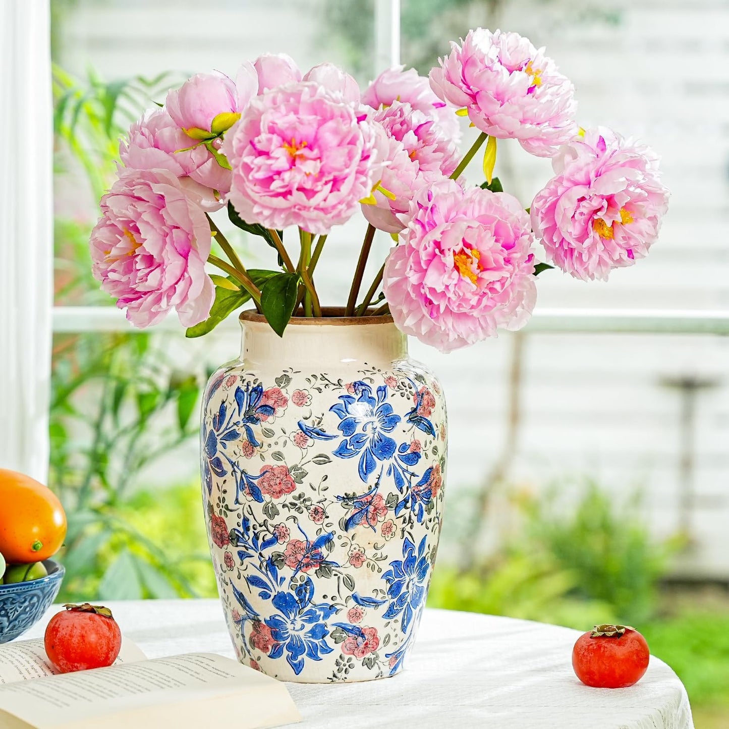 Sungmor Ceramic Flower Vase, Vintage Ice Cracked Glaze Porcelain Vase, Pretty Home Decor Vase for Flower Arrangement, Fresh Flowers, 10.2 Inch Tall Chinoiserie Pottery Vase, Blue Floral Pattern