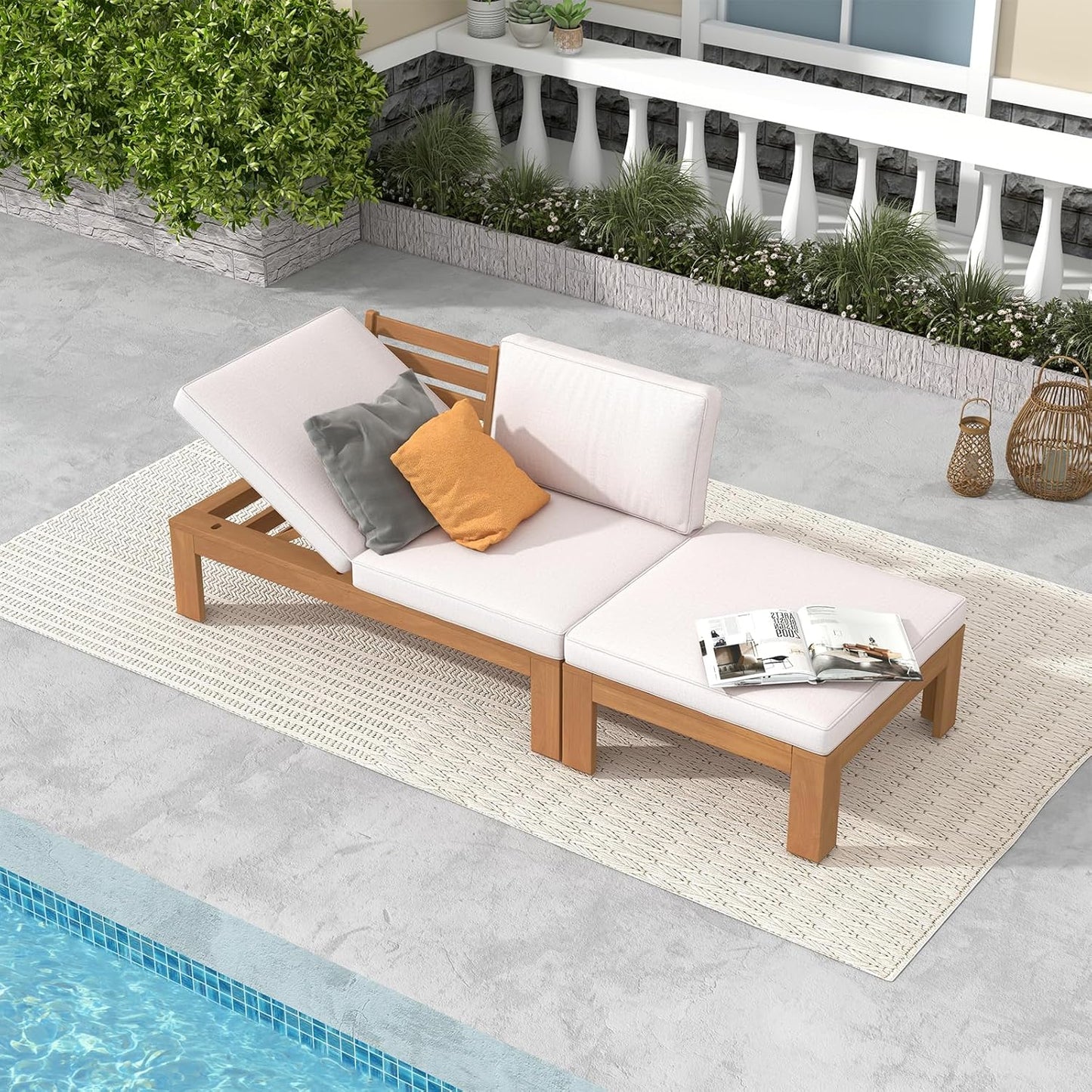 SUNSITT 2 Piece Acacia Wood Patio Furniture Outdoor Loveseat Sofa Set with Adjustable Armrest, FSC Certified L-Shaped Patio Set w/2-in-1 Coffee Table, Cream White Cushions for Garden