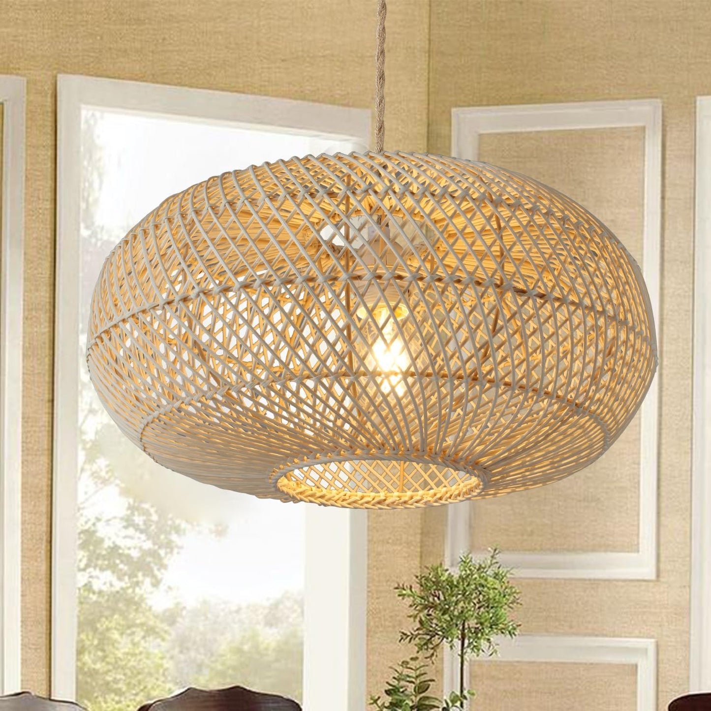 Rattan Pendant Light 16" 1-Light Hand-Woven Rattan Hanging Light，Wicker Woven Basket Chandelier，Modern Bohemian Pendant Lamp for Kitchen Island Foyer Farmhouse Porch