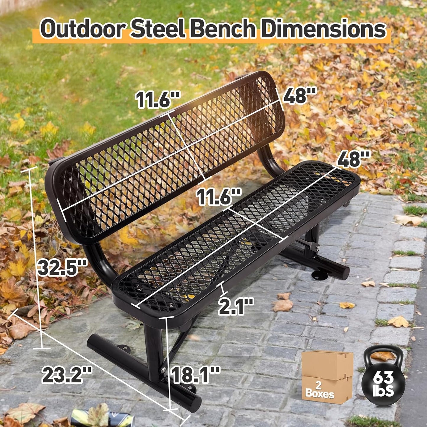 4 Feet Heavy Duty Park Bench with Back Portable Frame, Outdoor Steel Bench with Backrest, Expanded Metal Mesh Bench for Lawn, Park, Deck, Garden, Patio, Porch, Black