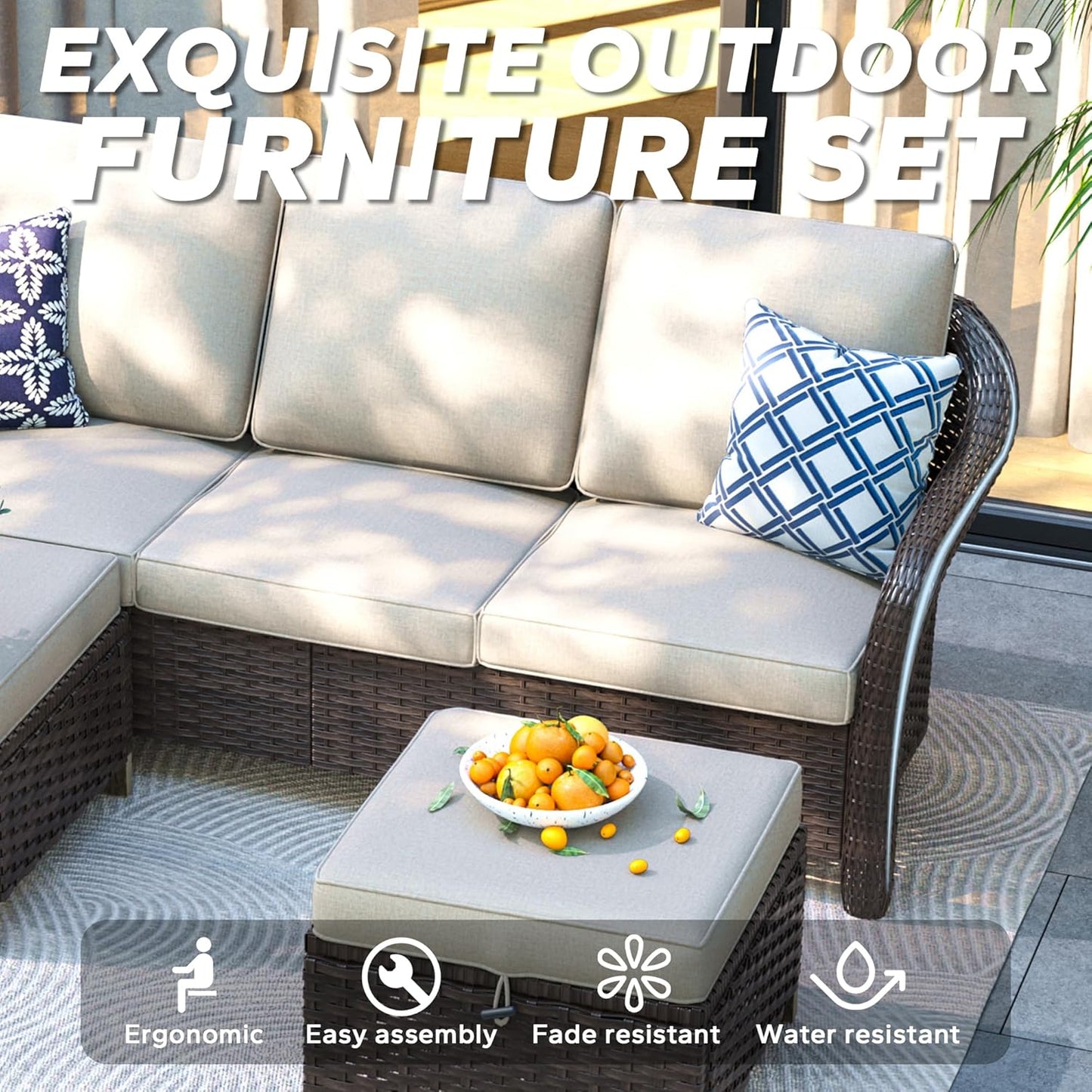 3 Pieces Patio sectional Sofa Set, Outdoor Conversation Furniture Set, 78" 3-Seat Couch with 2 Ottomans, 47" Metal Coffee Table, Rattan Wicker Sofa with Washable Cushions (Beige)