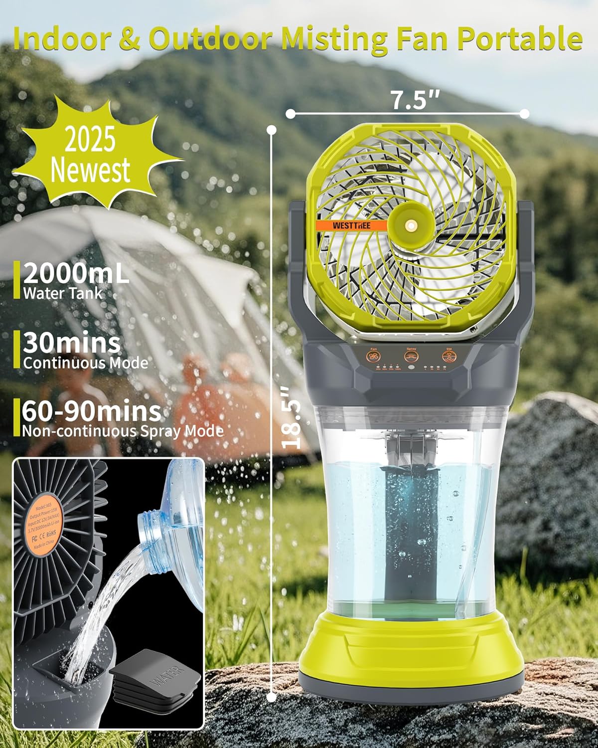 Portable Misting Fan with 30000mAh Battery Fan-Rechargeable Outdoor Misting Cooling Fans with 2L Water Tank,RGB Lights,4 Speeds & Spray Modes-for Patio, Camping, Beach, Workshop (Gray-Green)