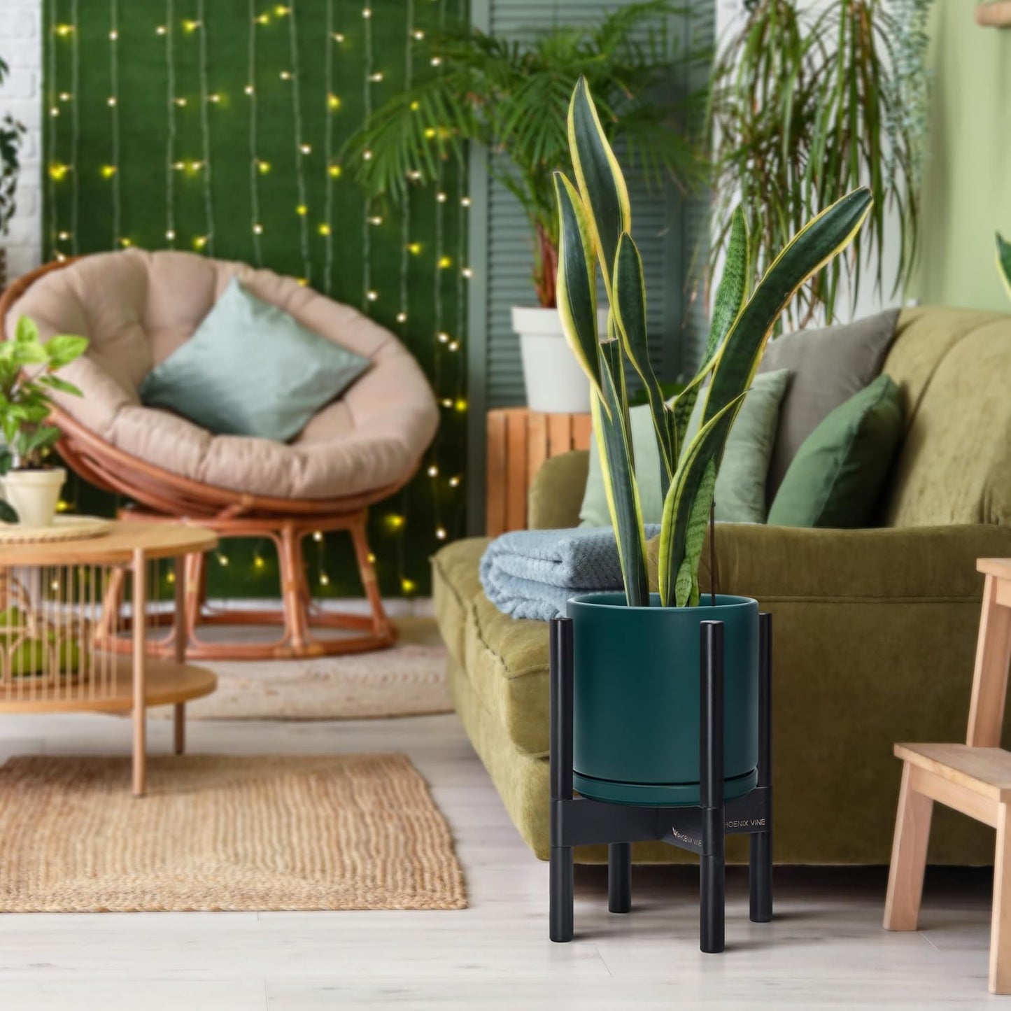 D'vine Dev Ceramic Planter with Ebony Stand - 8 Inch Modern Round Flower Pot with Wood Planter Holder, Teal, 55-B-M-4