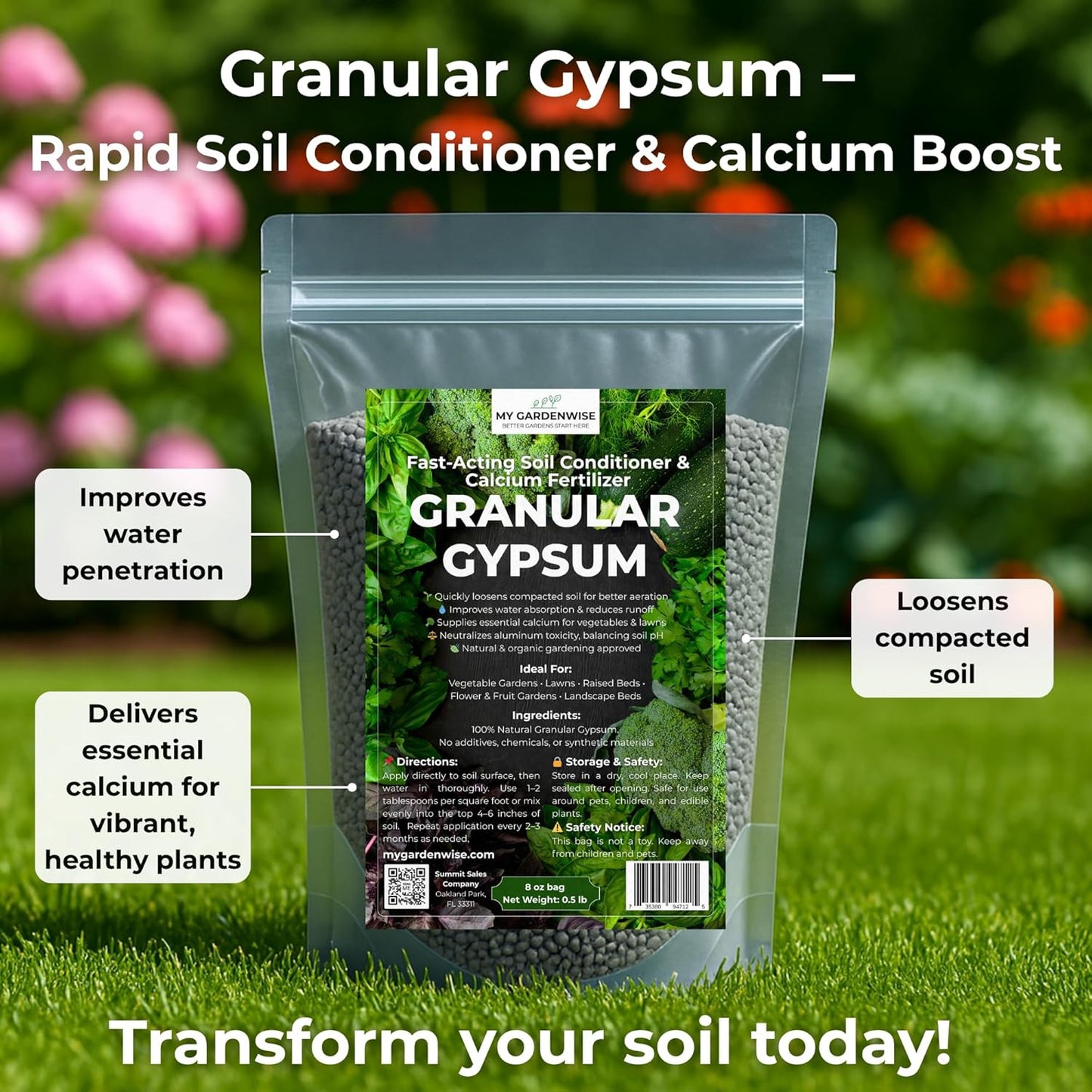 Gypsum for Soil - Calcium for Plants - Gypsum Fertilizer for Gardening, Lawn & Vegetables - Calcium for Garden (2 qts. - 4 lbs)