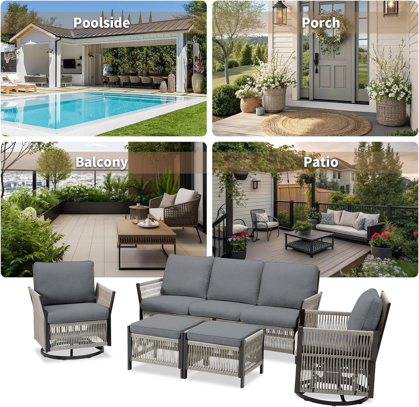 Patio Furniture Wicker Outdoor Conversation Set, 6-Piece All Weather Patio Furniture Rattan 2 Sofa Sets w/ Swivel Rocking Chairs & Ottomans, Side Table for Backyard, Balcony, Deck - Dark Grey