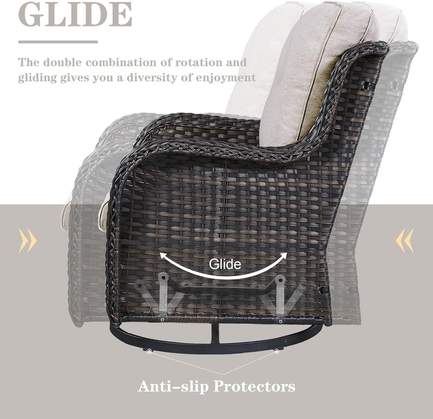 Outdoor Sectional Furniture Sofa Set with Propane Fire Pit Table, Wicker Patio Conversation Set with 2 Swivel Rocker Glider Chairs Beige Cushion Perfect for Backyard Casual Gathering