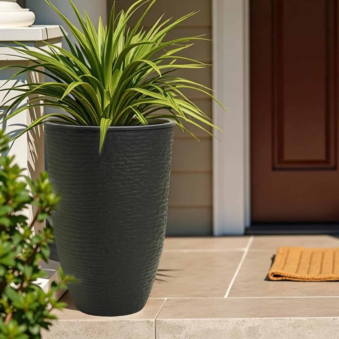 WORTH Garden 2-Pack 21" H. Black Tall Planters with Inside Pots - 14'' Dia Plastic Large Round Plant Tree Pots - Decorative Imitation Stone Finish for Indoor Outdoor Front Porch Container Patio