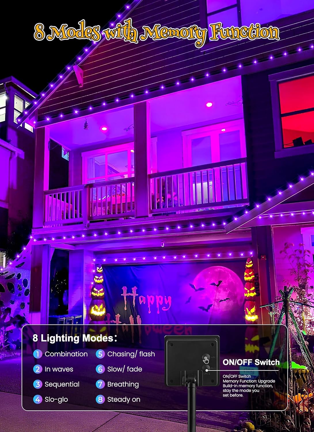 Brightown 4 Pack Halloween Solar String Lights, Total 184FT 480 LED Solar Lights Outdoor Waterproof Black Wire with 8 Modes, Solar Fairy Light for Garden Yard Patio Party Decors, Purple