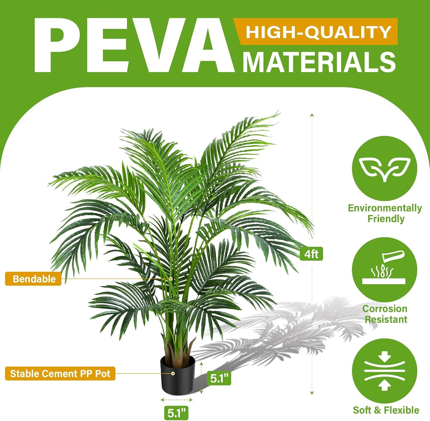 KOL 4ft 2-Pack Artificial Palm Tree Plant, 47in Fake Cane Areca Palm Silk Tree Indoor Outdoor,Dypsis Lutescens, Realistic Faux Silk Plants for Office Home Garden Decoration, Lifelike Modern Decor