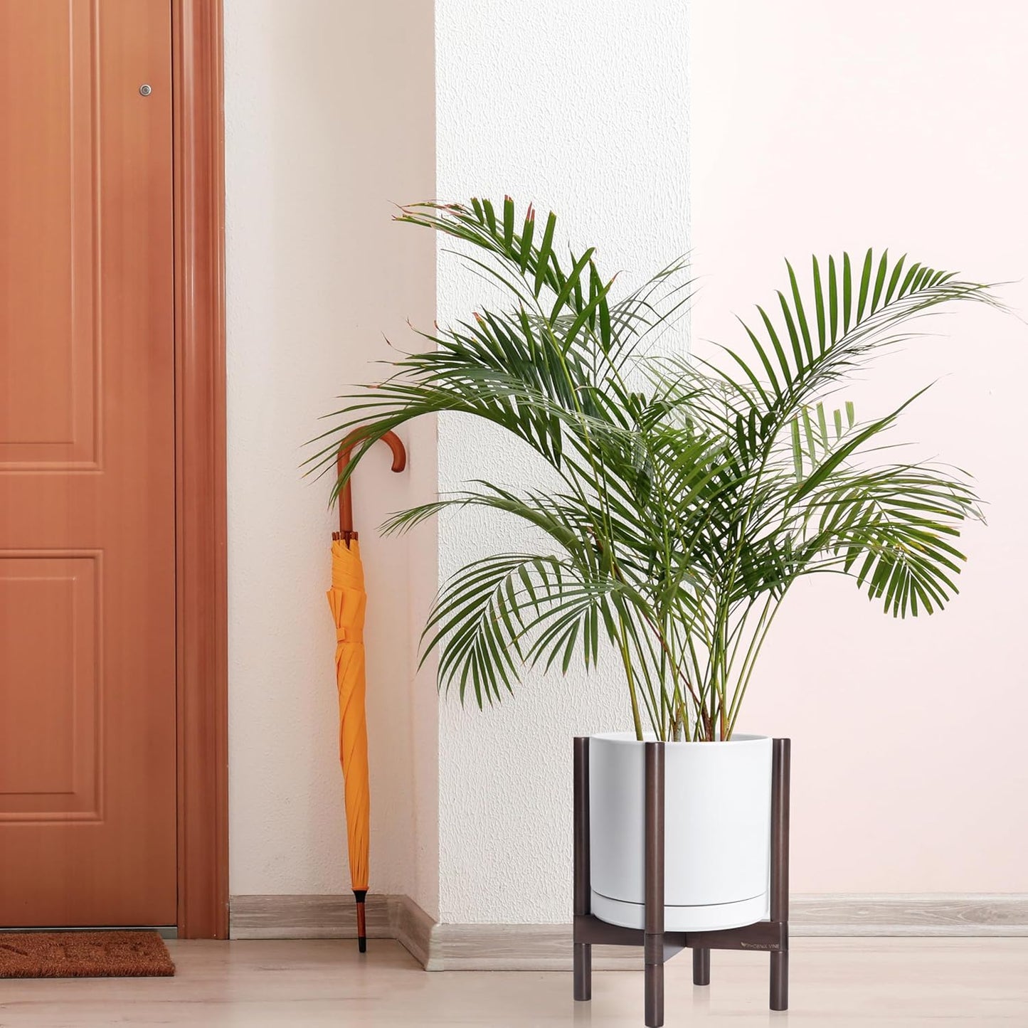 D'vine Dev Ceramic Planter with Walnut Color Stand - 12 Inch Modern Round Flower Pot with Wood Planter Holder, White, 55-B-W-1