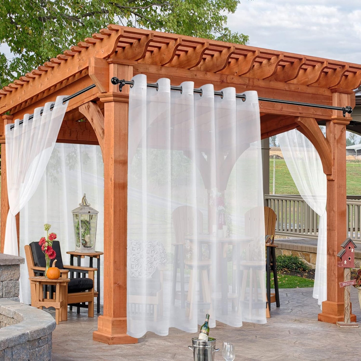 HolidayIdeas White Outdoor Sheer Curtains for Patio Waterproof, 4 Panels - 100 x 84 Inch - Extra Wide Voile Outside Curtains Light Filtering Grommet Drapes for Front Porch, Gazebo, Pergola, Backyard