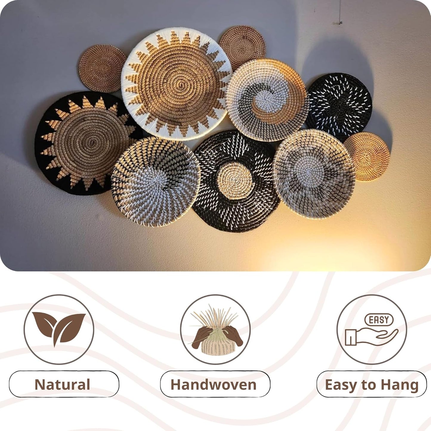 Set of 10 Handcrafted Boho Wall Basket Decor, Wall Hanging Baskets, Decorative Plates for Wall, Handmade from Vietnam Unique Wicker Wall Art Decor