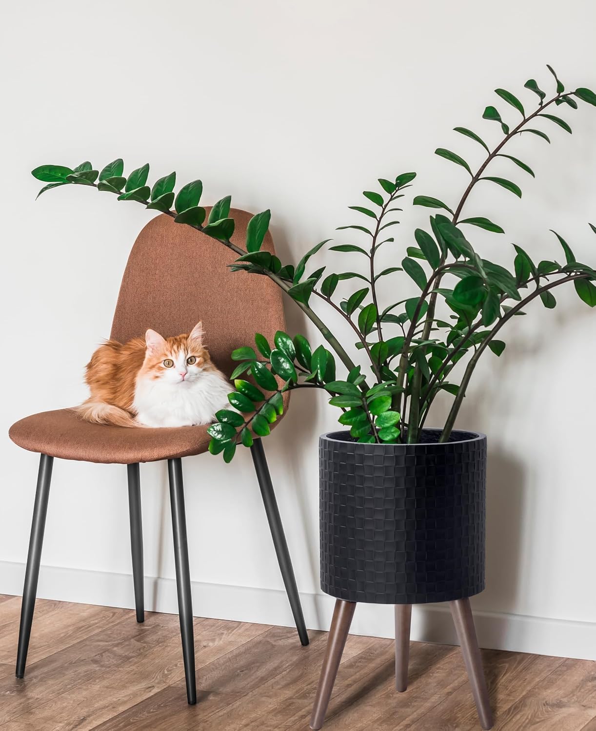 D'vine Dev 12 Inch Modern Geometric Tile Patterned Sleek Planter Pot with Stand, Indoor Outdoor Decorative Plant Holder, Matte Black, 88-Z-C-2