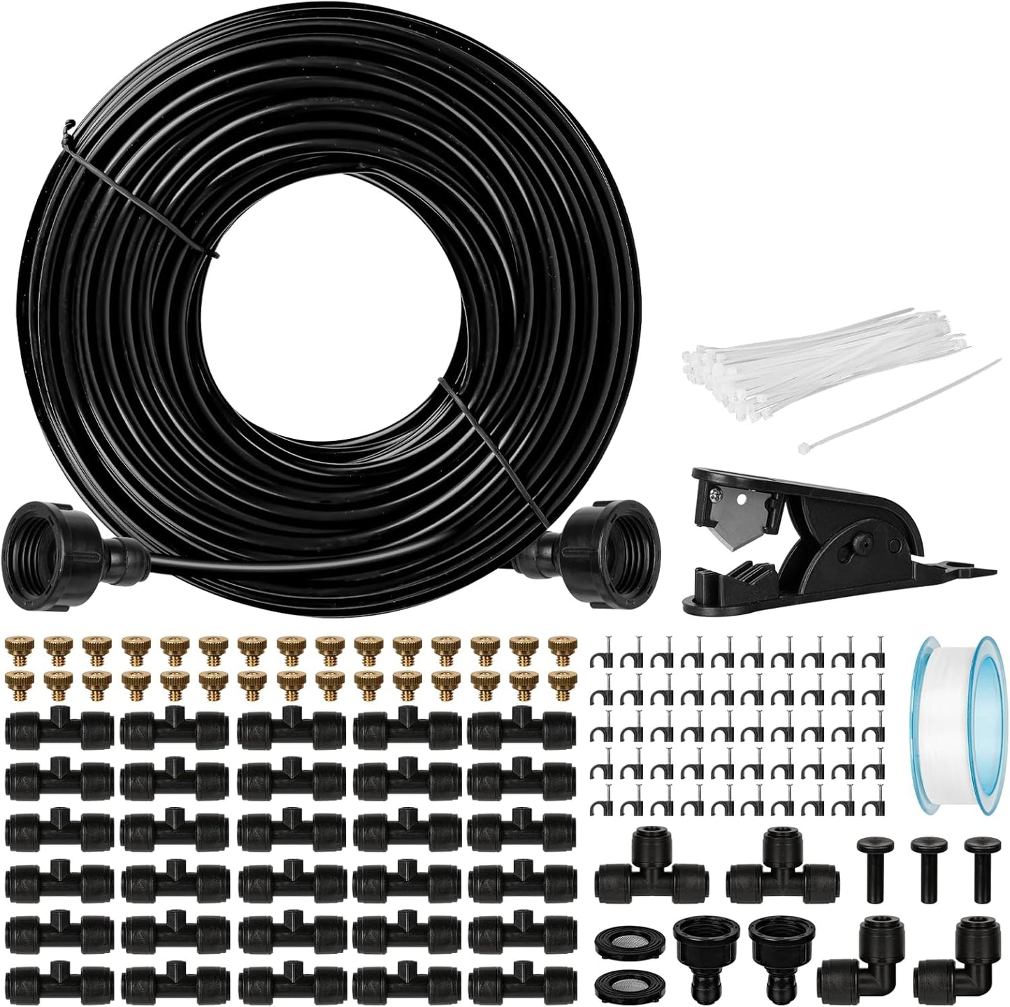 OnBrand Patio Water Misters for Cooling Outdoor, 100FT Mister for Outside with 3/4" Adapter and Filter, Misting Cooling System with 2 T-Joints and 30 Brass Nozzles for Greenhouse Trampoline Coop