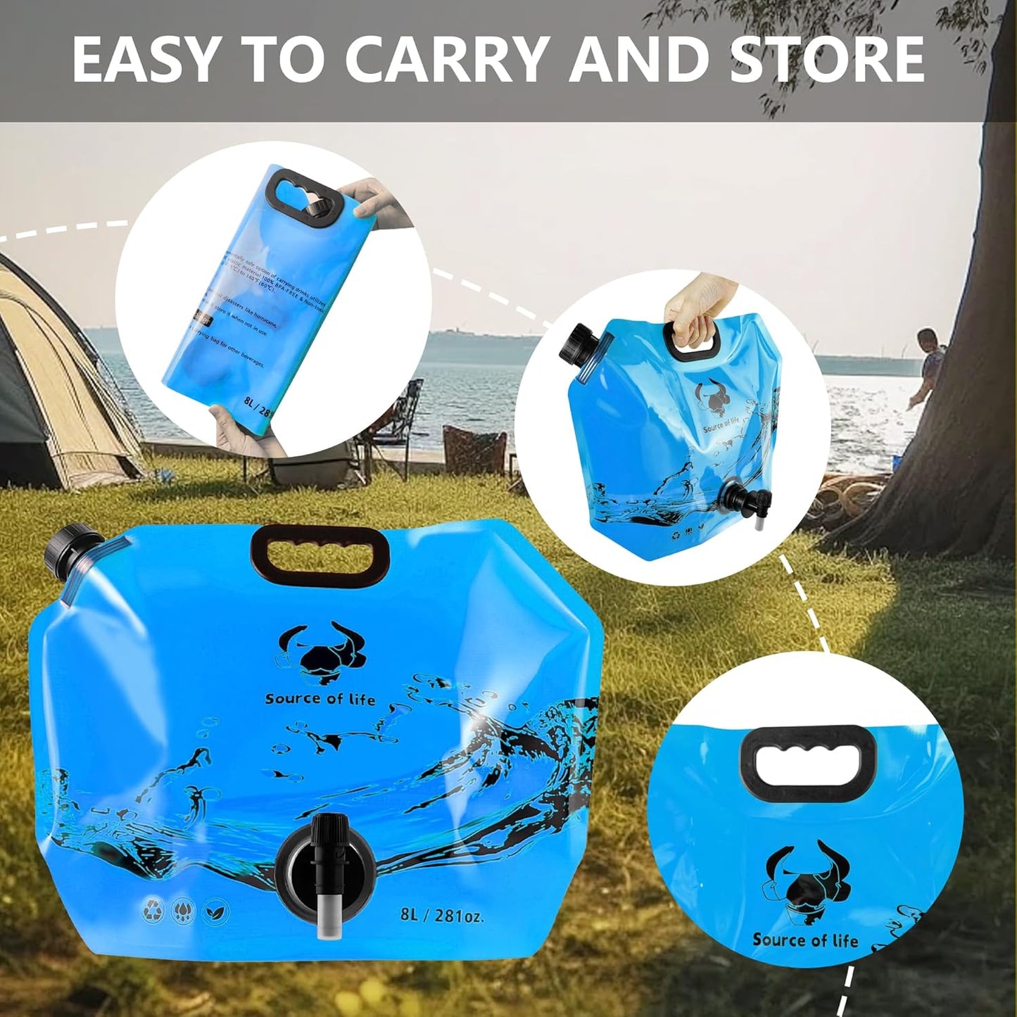 Collapsible 8L Water Storage Bag, BPA-Free Portable Folding Water Jug with Adjustable Faucet, Leakproof Emergency Water Bag for Camping, Hiking, Riding, Outdoor Sport (Blue, 4)