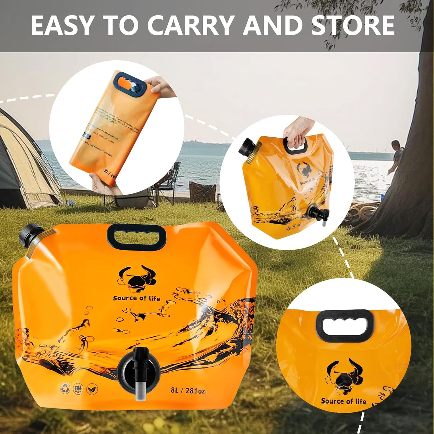 Collapsible 8L Water Storage Bag, BPA-Free Portable Folding Water Jug with Adjustable Faucet, Leakproof Emergency Water Bag for Camping, Hiking, Riding, Outdoor Sport (Orange, 2)