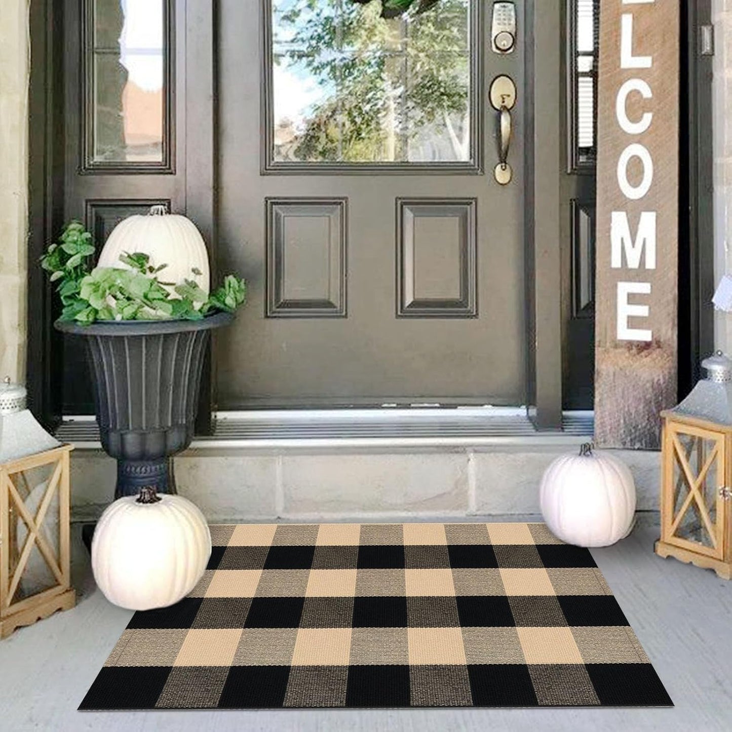 IOHOUZE Buffalo Plaid Checkered Rug 2x3 Ft Front Door Mats, Washable Area Rugs for Front Porch Welcome Mats Indoor Outdoor, Entryway Door Rug for Entryway, Home Entrance, Tan Black