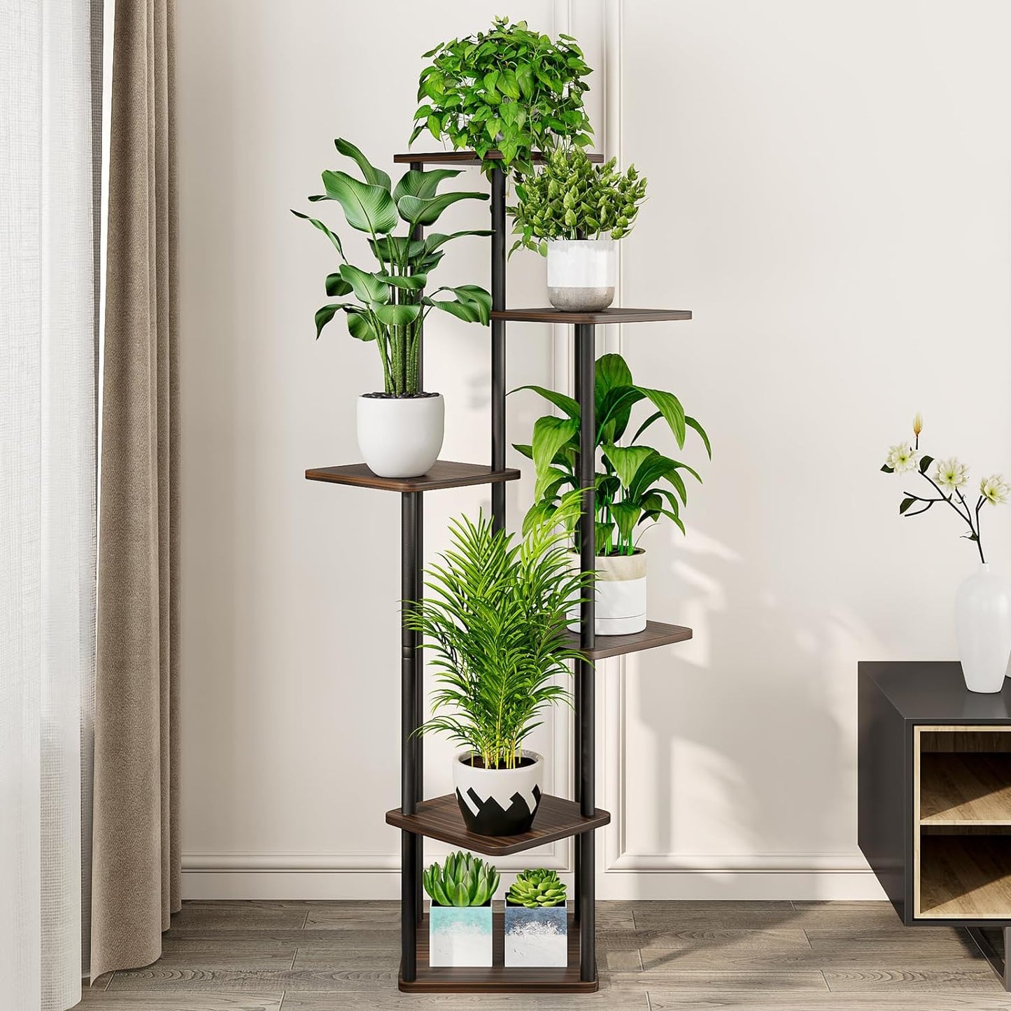AZERPIAN Plant Stand 6 Tier Indoor Metal Flower Shelf for Multiple Plants Corner Tall Flower Holders for Patio Garden Living Room Balcony Bedroom, Black Oak