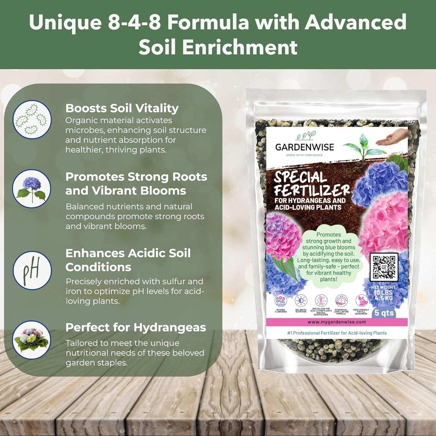 Slow Release Hydrangea Fertilizer with Iron & Sulfur – Indoor & Outdoor Soil Acidifier for Miracle Growth (1/2 qt)