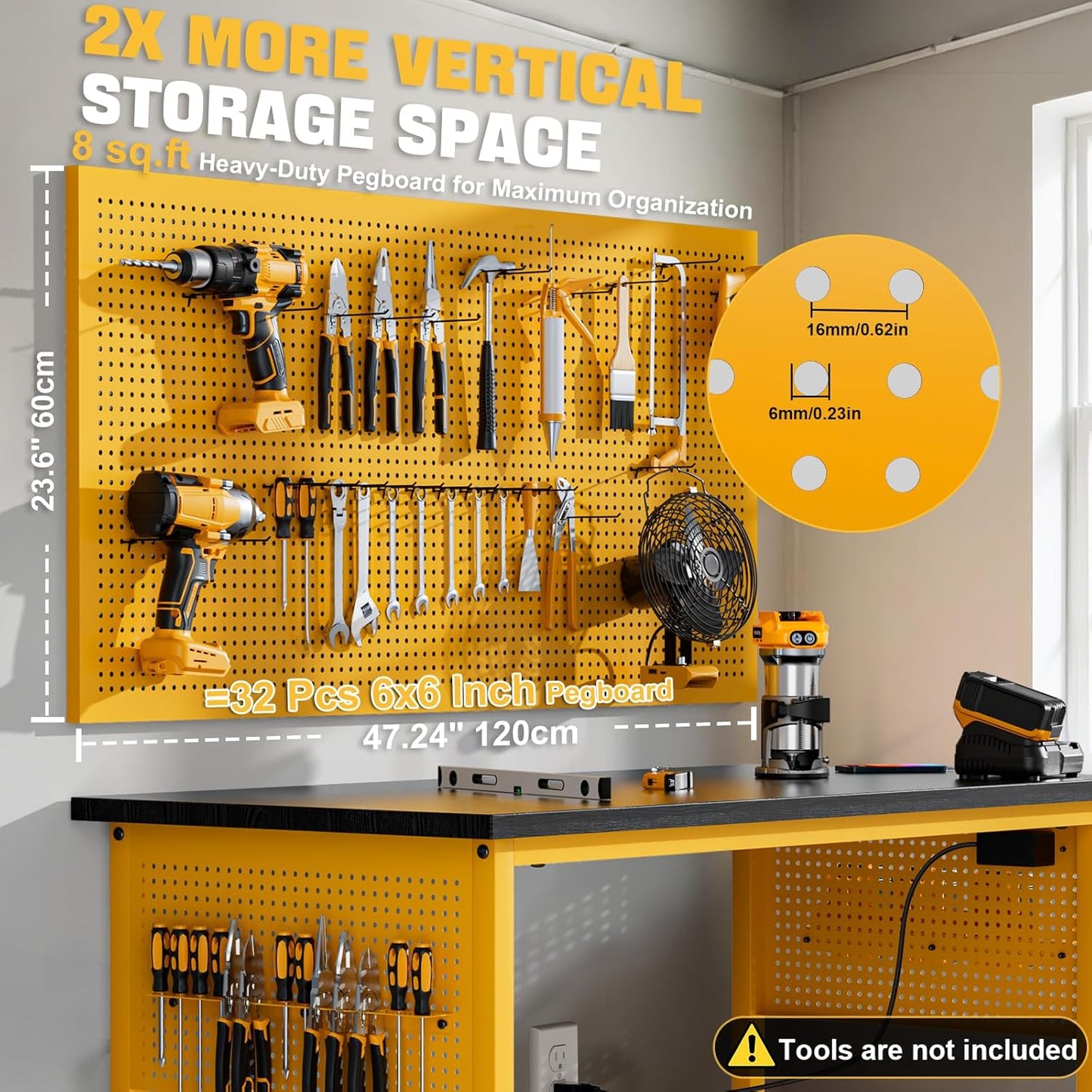 47" Heavy Duty Adjustable Workbench with Power Outlets, Pegboard & Locking Wheels - 2100LB Capacity Garage Work Table, Compatible with DeWalt Battery, Reinforced Steel Frame for Workshop & Home Use