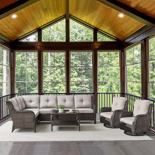 Outdoor Furniture Sectional Sofa L Shaped Couch - Patio Wicker Set with 2 Swivel Glider Chairs, 5 Piece Rattan Patio Conversation Sets with Beige Cushion for Deck Backyard Sunroom