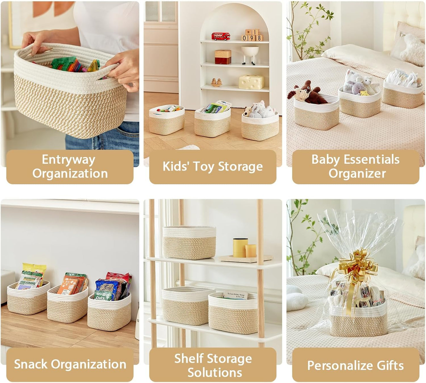 Small Cotton Rope Basket – Storage Bin for Organizing (10.6" x 6.7" x 6.7"), Bathroom Storage Basket for Shelf, Counter & Closet（White & Mixed Camel）