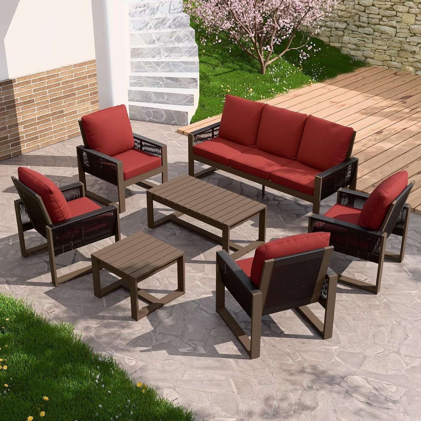 EAGLE PEAK Natural Wood Outdoor Patio Furniture, Cedar Furniture, Conversation Set, Outdoor Seating for Deck Patio Porch, Sofa 4 Chairs Coffee Table & Side Table, 7 Pieces, Brown/Red