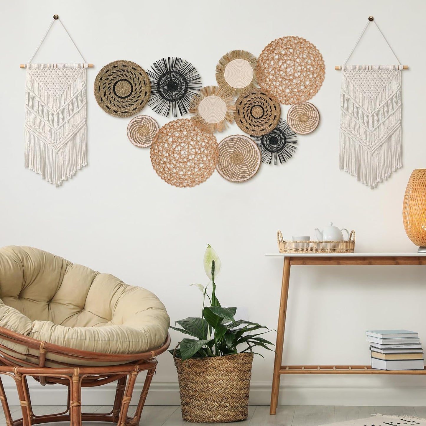 Tatuo 11 Pcs Boho Wall Basket Decor Decorative Bulrush Woven Basket Wall Decor Art Round Farmhouse Hanging Baskets for Kitchen Rustic Home Summer Decorations, Multi Sizes(Flower)