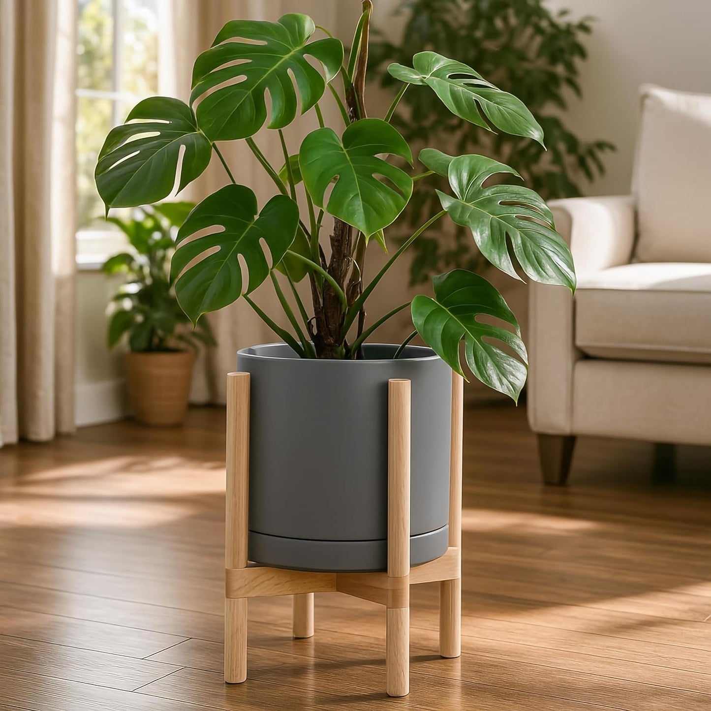 D'vine Dev Ceramic Planter with Natural Stand - 12 Inch Modern Round Flower Pot with Wood Planter Holder, Grey, 55-B-J-3