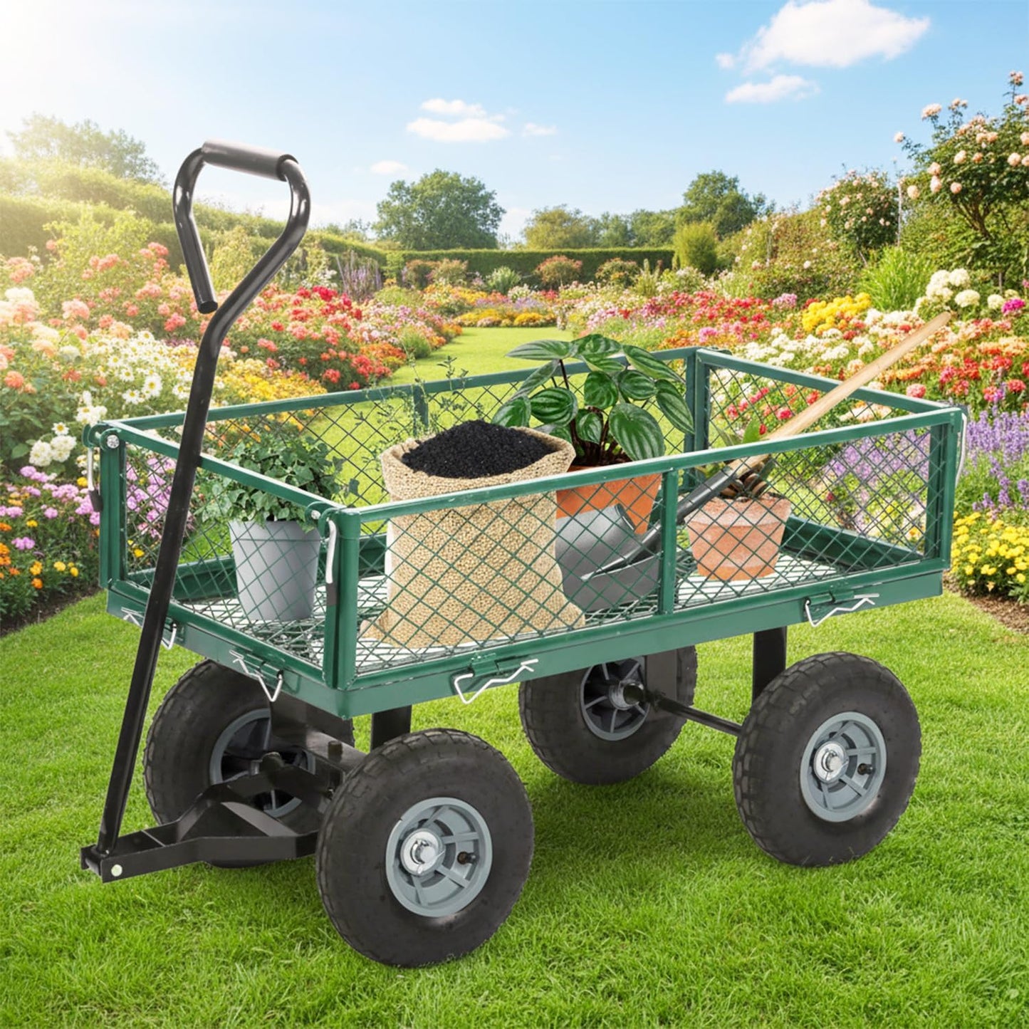 FDW Garden Cart Streel Heavy Duty 500 LBS Capacity，Utility Cart Wagon with Removable Sides and 180°Rotating Handle for Yard, Lawn and Garden Hauler (Dark Green)