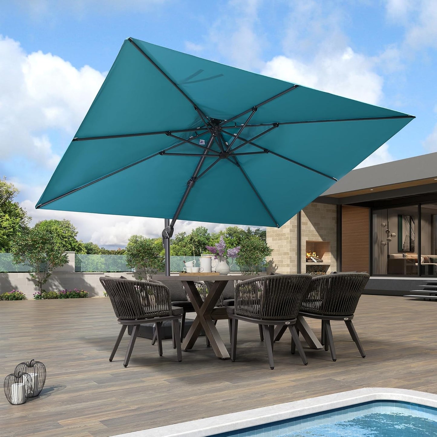 PURPLE LEAF 9' X 12' Patio Umbrella with Base Outdoor Rectangle Umbrella Large Cantilever Umbrella Heavy Duty Outdoor Market Umbrella for Garden Deck Backyard Pool Turquoise Blue