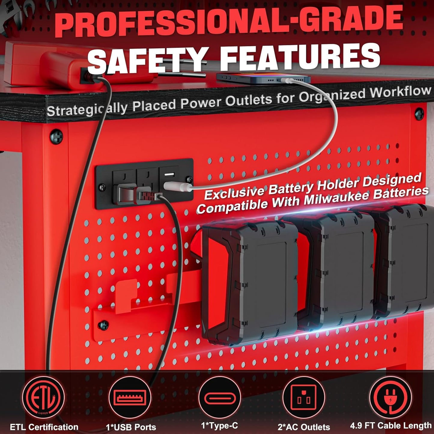 47" Heavy Duty Adjustable Workbench with Power Outlets, Pegboard & Locking Wheels - 2100LB Capacity Garage Work Table, Compatible with Milwaukee Battery, Reinforced Steel Frame for Workshop & Home Use