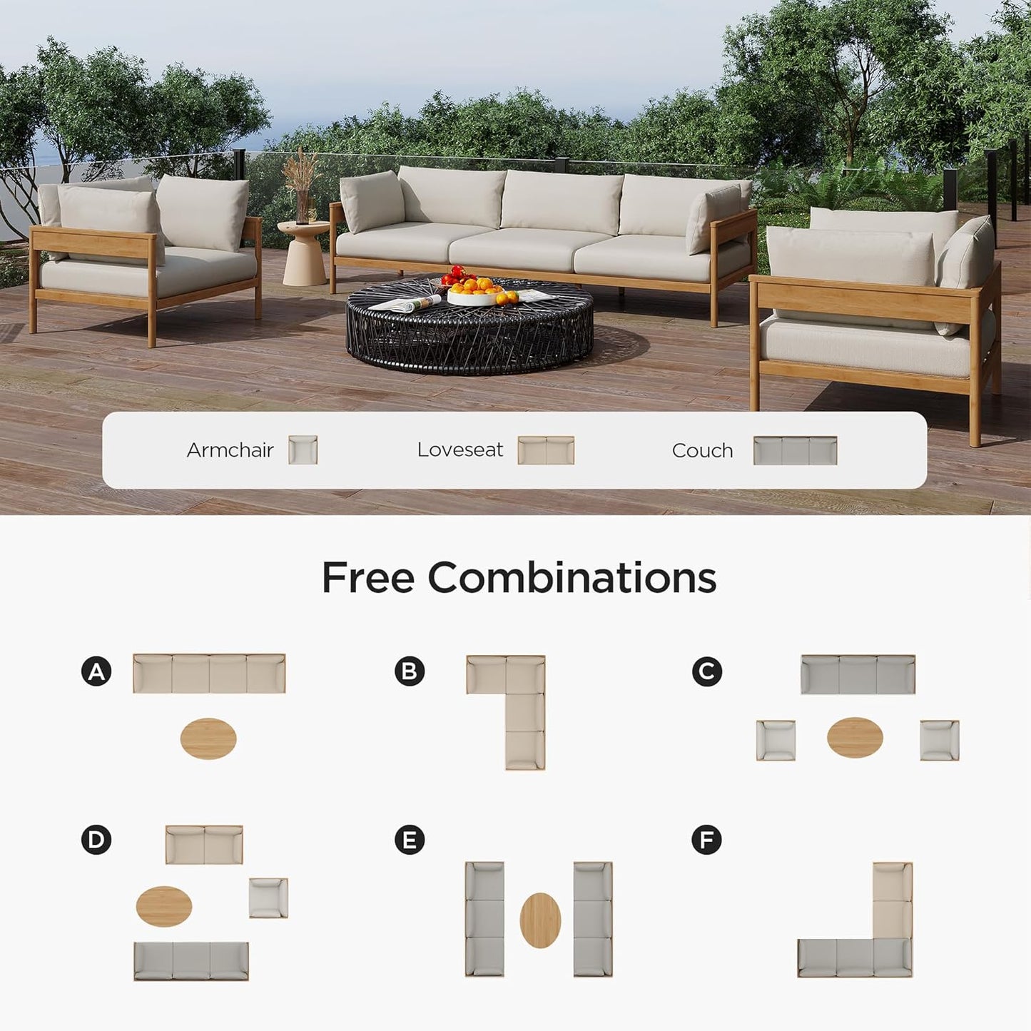 Acanva Modern Outdoor Patio Furniture Set, All-Weather Aluminium Conversation Sectional Sofa with Thick Cushions for Backyard, Garden, Porch, Couch + 2 x Armchairs, Beige