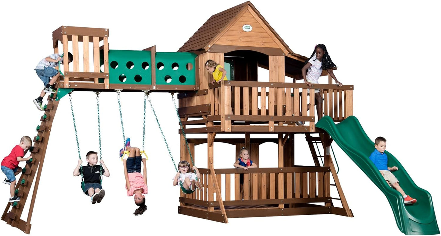 Backyard Discovery Woodridge Elite Cedar Wood Swing Set with Wave Slide, Clubhouse, Crawl Tunnel, Crow's Nest, Belt Swings, Trapeze, Rock Wall Ladder, Sandbox, Wrap-Around Porch, Deck, Outdoor Playset