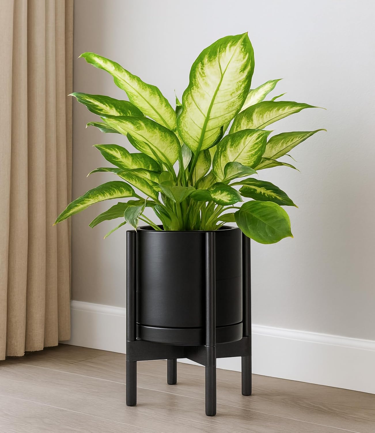 D'vine Dev Ceramic Planter with Ebony Stand - 10 Inch Modern Round Flower Pot with Wood Planter Holder, Black, 55-B-L-2