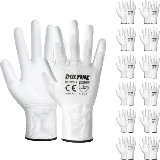 DULFINE Safety Work Gloves PU Coated-12 Pairs,White Seamless Knit Glove with Polyurethane Coated Smooth Grip on Palm & Fingers, for Men and Women, Ideal for General Duty Work (Small)