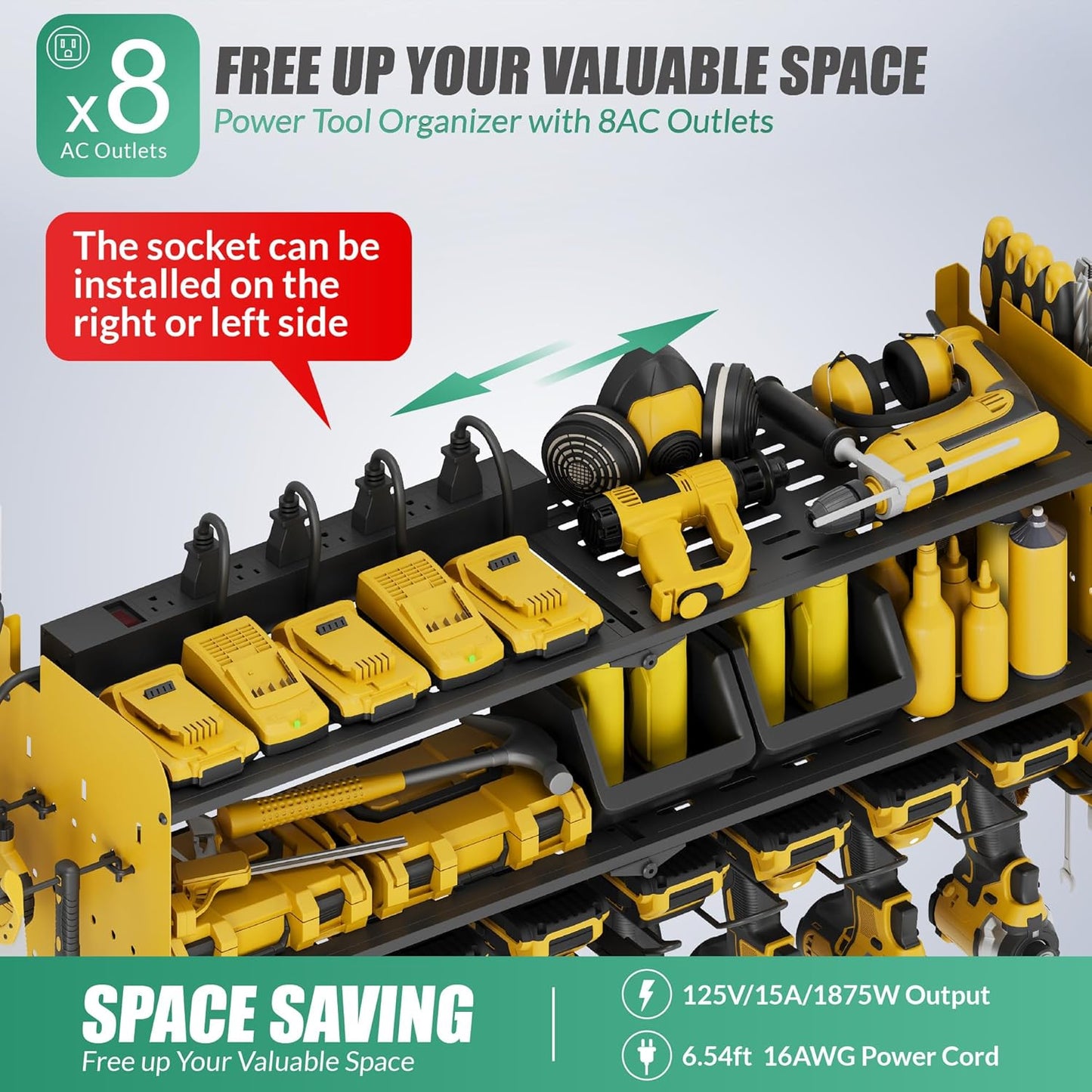 Suchtale Power Tool Organizer with Charging Station,33.2" Garage 8 Drill Holders Wall Mount,3 Layers Heavy Duty Metal Tool Shelf with 8 Outlets Power Strip, Gift for Men, Father, Yellow