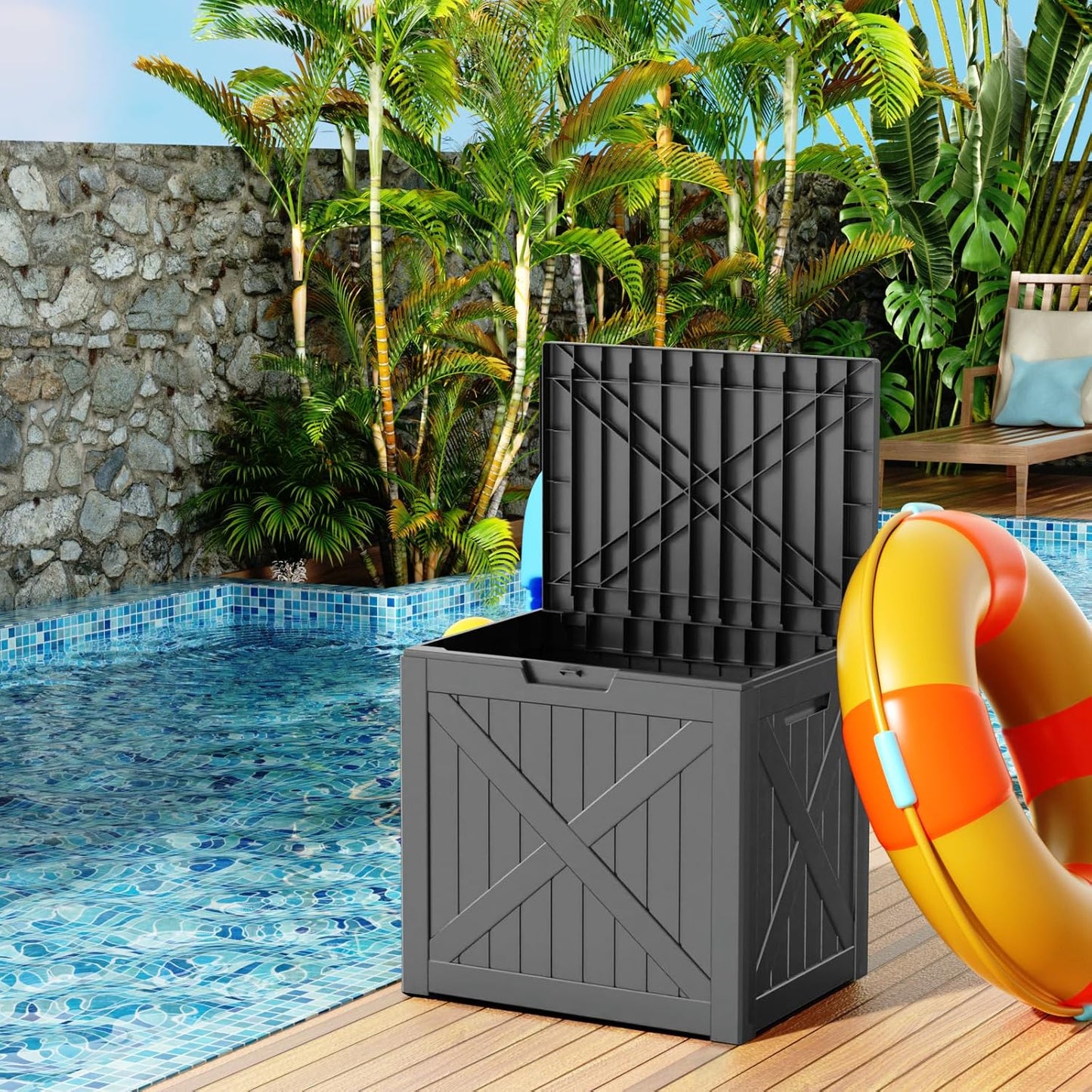 38 Gallon Outdoor Deck Box,Storage Lockable Waterproof Patio Furniture,Garden Tools,Cushions,Pool Accessories Outside Storage Resin Box(Black)