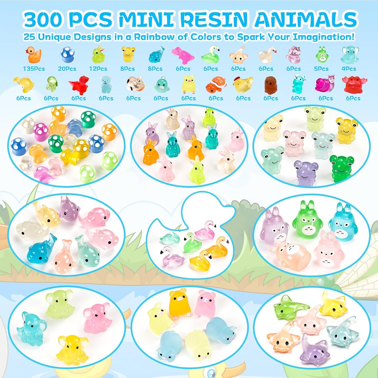 300 Pcs Luminous Mini Resin Animal in The Dark Mini Resin Figurines with 25 Styles Duck Frog Rabbit Owl Mushroom Shapes for Fairy Garden Accessories Micro Landscape Bonsai Aquarium Outdoor Decor