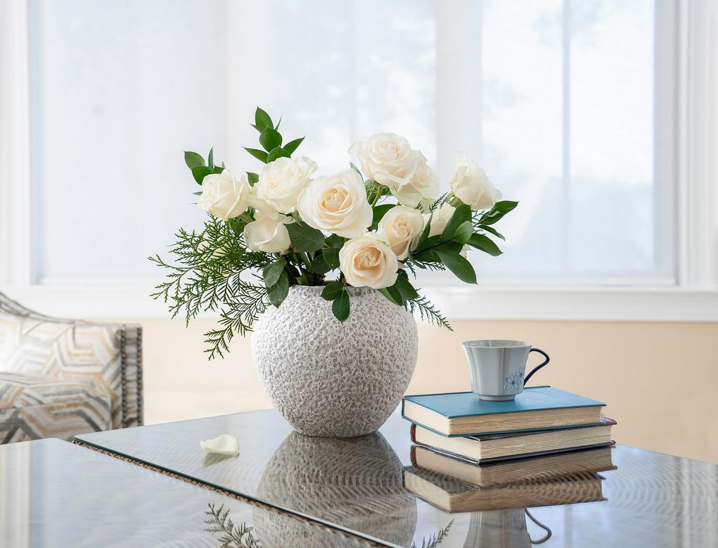 White Ceramic Vase Flower Vase, Big Textured Round Vase for Centerpieces, Kitchen, Living Room, Bedroom Decor Gifts