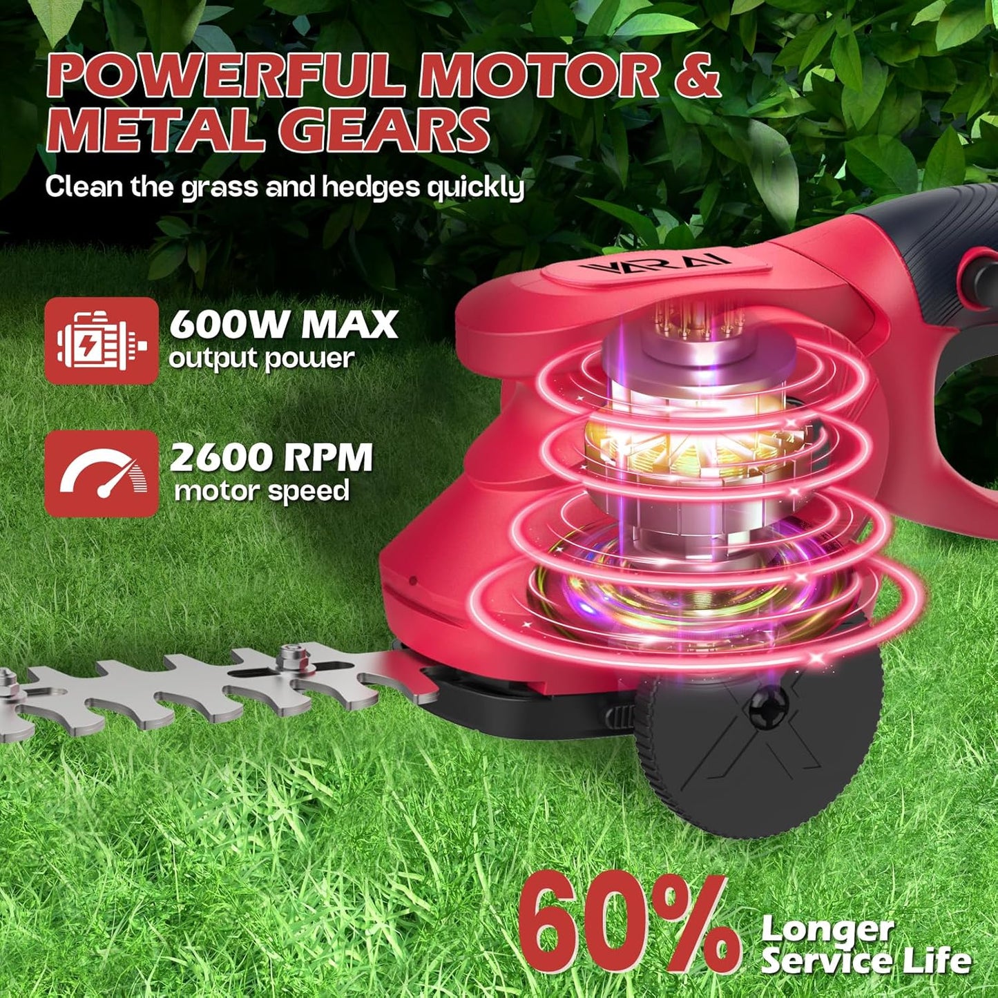 Cordless Hedge Trimmer, 2-in-1 Hedge Trimmer, Ultra Long Battery Life with Battery*2, high-Power and high-Capacity Grass Trimmer for Gardens, Yards and lawns, Including Charger