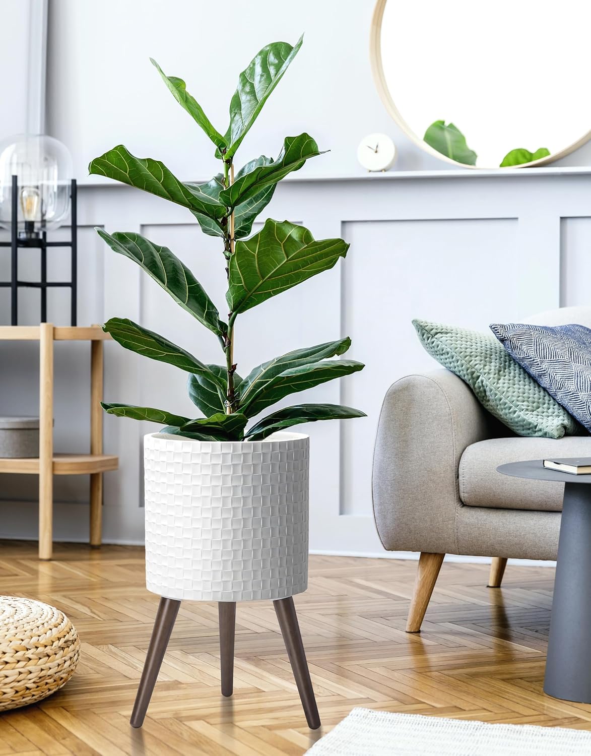 D'vine Dev 12 Inch Modern Geometric Tile Patterned Sleek Planter Pot with Stand, Indoor Outdoor Decorative Plant Holder, Matte White, 88-Z-C-1