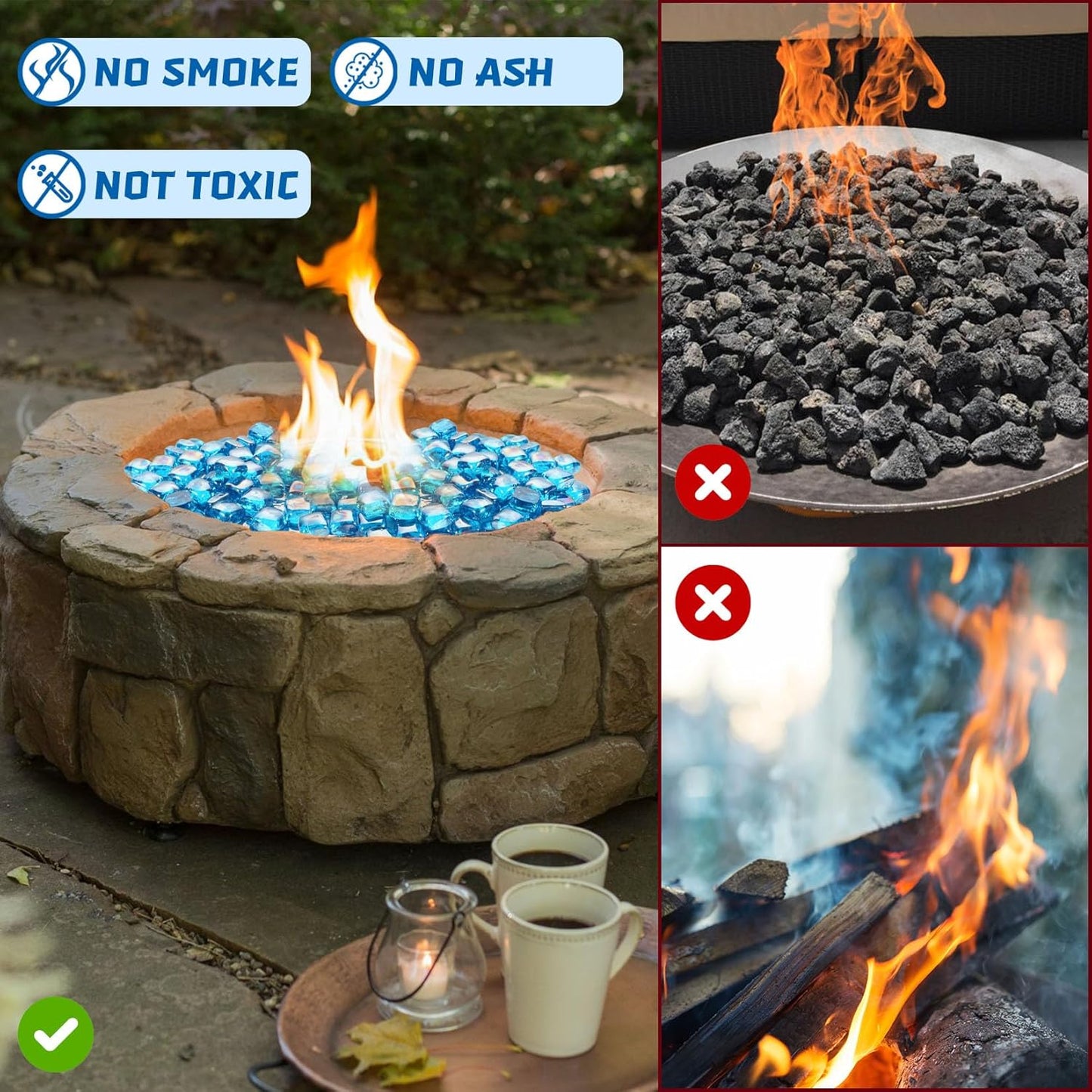 Fire Glass Cube, Firepit Rocks Square for Indoor or Outdoor, Gas or Propane Fire Pit or Fireplace, Heat Resistant, No Poping or Breaking, Tempered Glass Bead, Caribbean Blue, 10lb