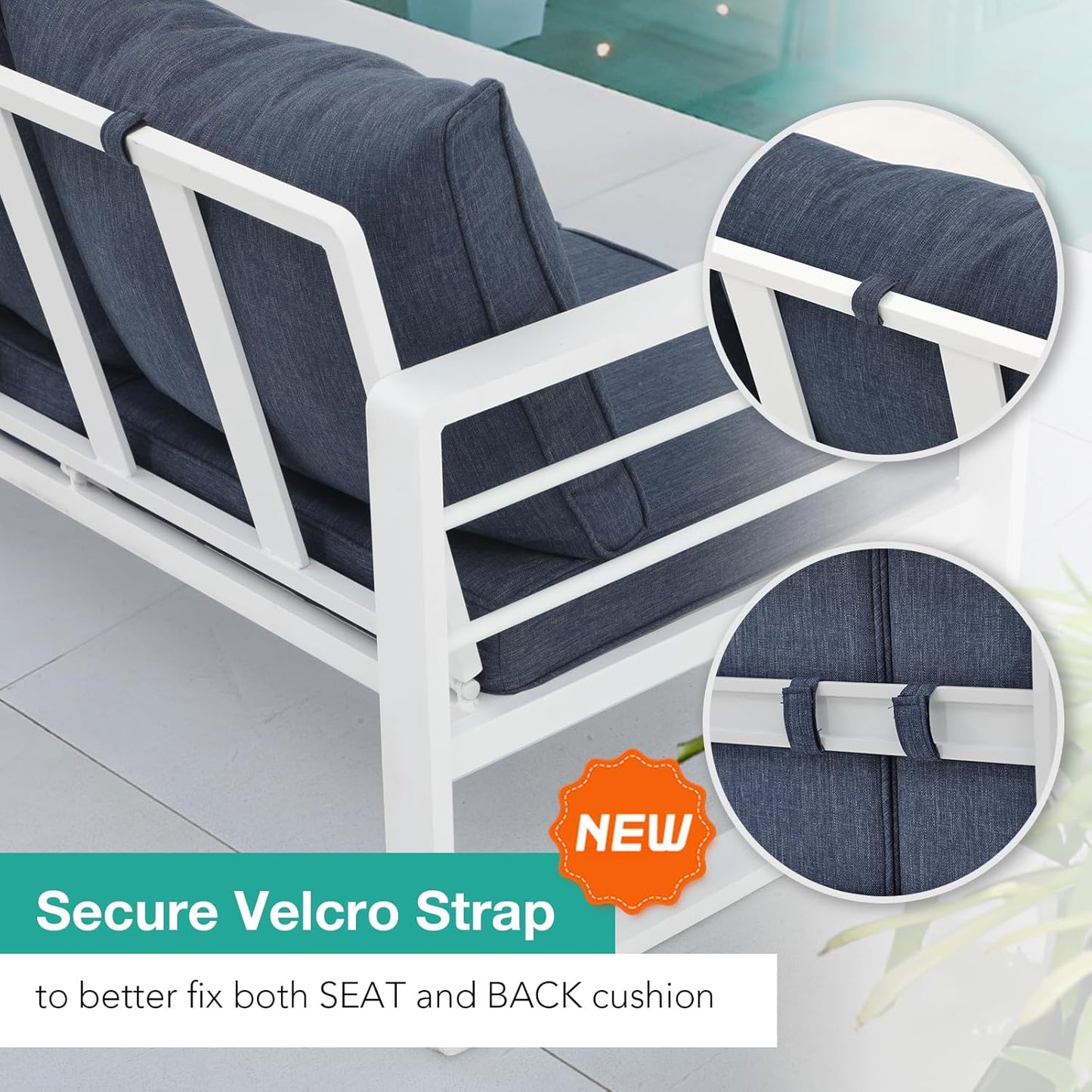 Patiorama Aluminum Patio Furniture Set, Outdoor Patio 3-Seater Sofa, 3 Seats Couch, All Weather White Metal Chair with Olefin Cushion, Deep Seating, 800 lbs Capacity, Deck, Garden-Blue Cushion