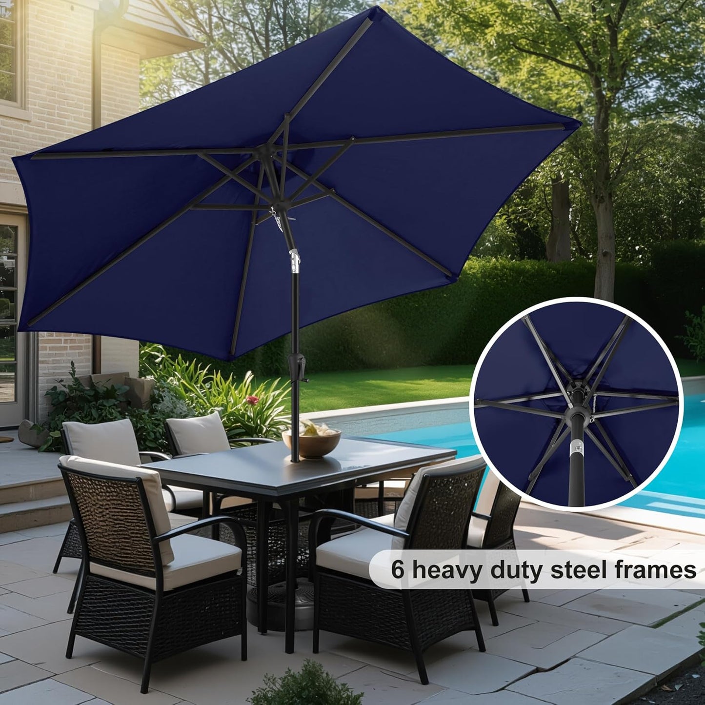 FLAME&SHADE 10ft Patio Umbrella - Outdoor Umbrella with 6 Sturdy Ribs, Push Button Tilt and Crank, UV Protection Table Market Umbrella for Pool, Porch，Garden, Deck, Backyard (Navy Blue)