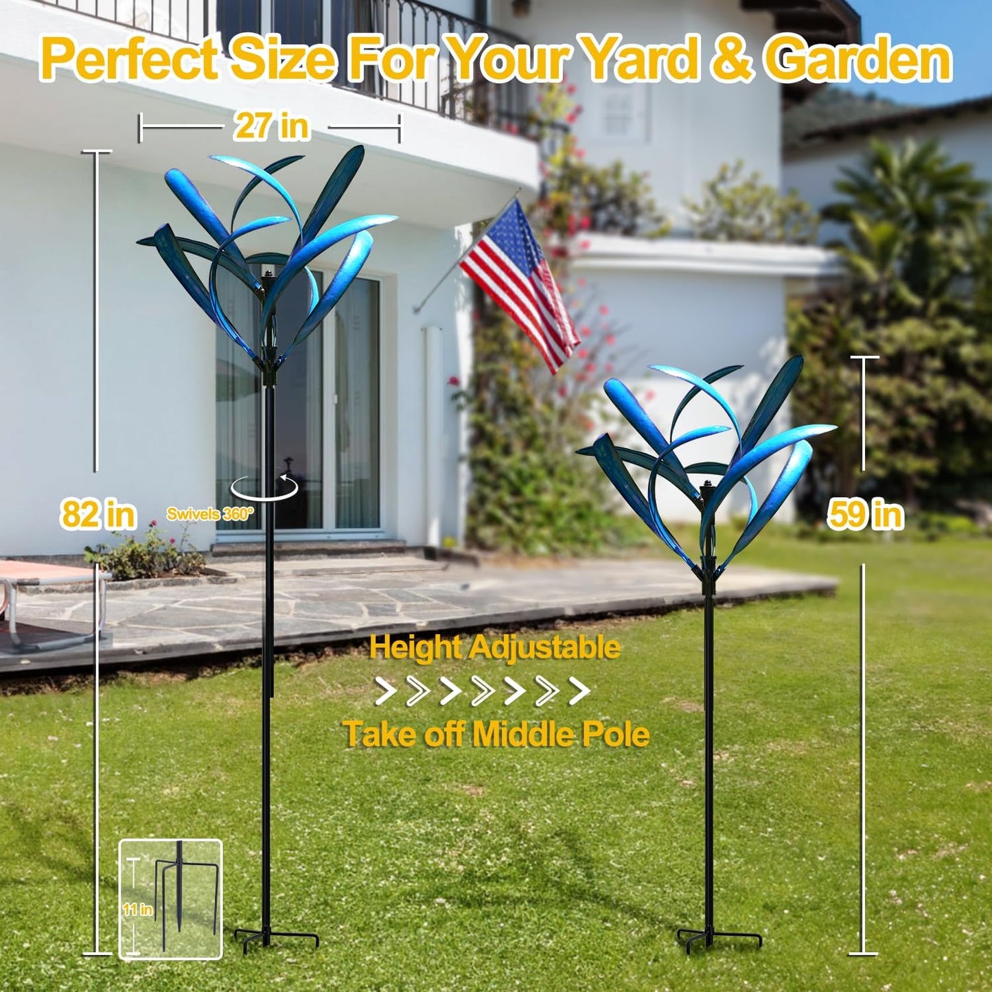 LimeHill Wind Spinner for Yard and Garden - Large Metal Kinetic Wind Sculptures for Outdoor Decorations (Blue Magnolia)