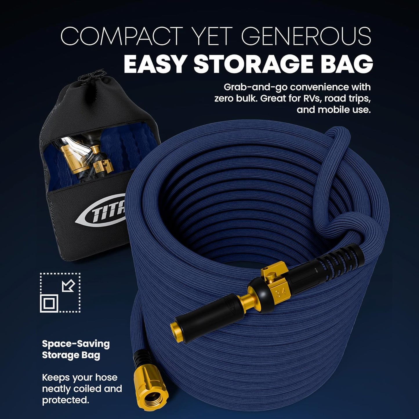 TITAN Flexible Garden Hose 50FT – Ultra Lightweight, Heavy Duty Water Hose with Brass Fittings & Jet Nozzle – Kink-Free, Non-Expanding, Durable Fabric Hose for Yard, Lawn, Car Wash, Outdoor Use