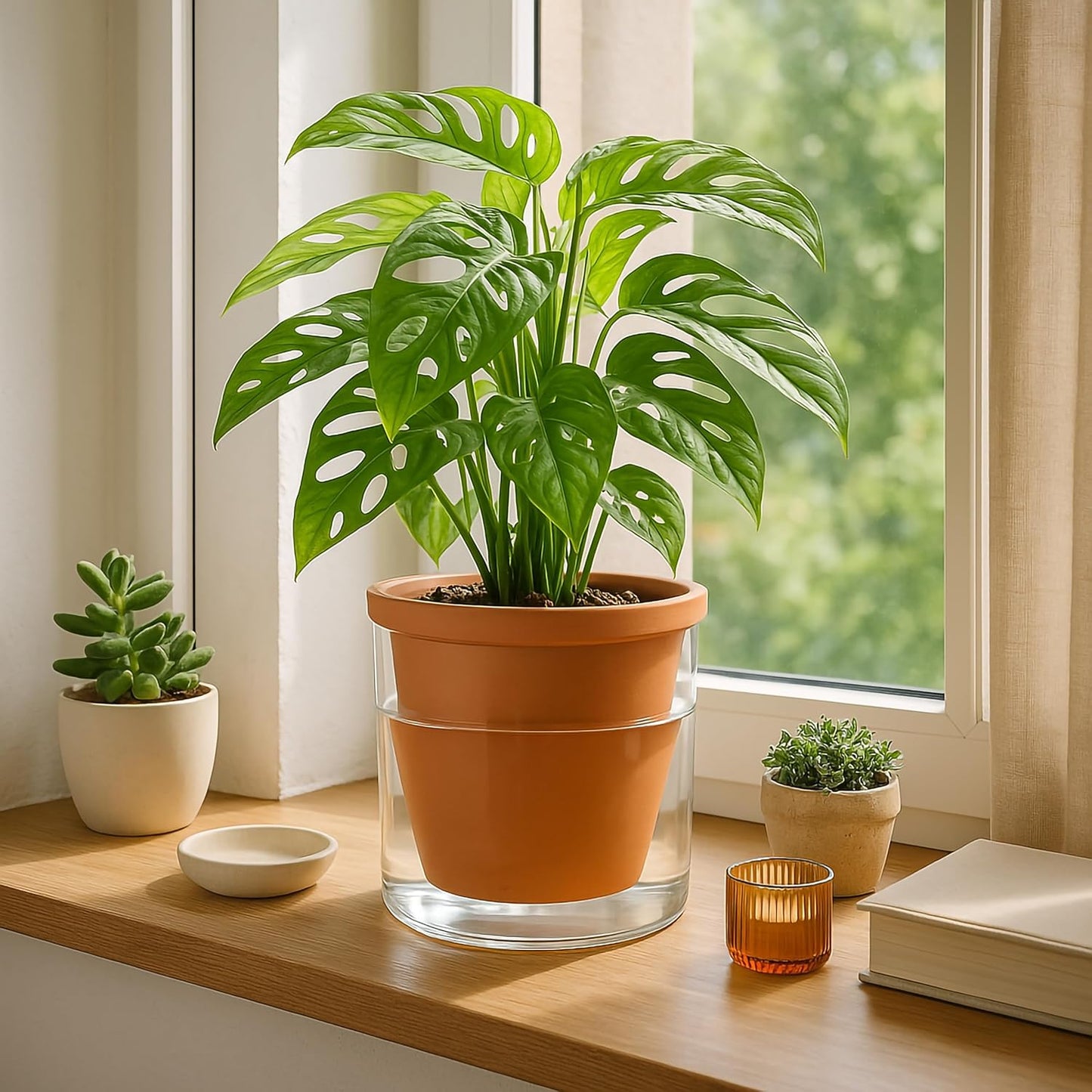 D'vine Dev 6 Inch Design Self Watering Pot for Indoor Plants, Terracotta Planter with Cylinder Glass Cup, 37-X-B-1