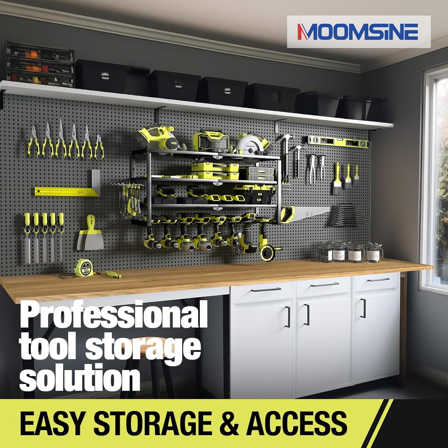 4 Layer Power Tool Organizer Wall Mount, Battery Tools Holder with Charging Station Shelf, Cordless Drill Hanger Storage Rack for Garage Organization, Workshop, Pegboard - 32 Inch 8 Slots